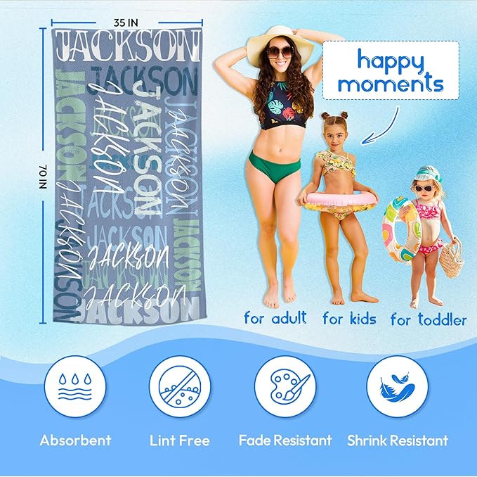 JML Personalized Beach Towel with Name, Custom Beach Towel with Name, Customized Microfiber Pool Towel, Quick Dry & Absorbent Swim Towel for Adult,Anniversary, Birthday, Summer Holiday,Vacation-GravixFit