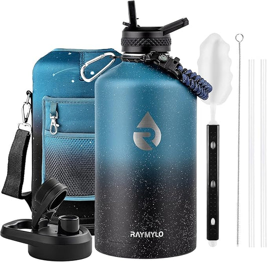 128oz Insulated Water Bottle, Triple Wall Vacuum Stainless Steel Water Bottles - Keeps Cold 48H, Reusable One Gallon Jug for Gym, Sports, Camping, Hiking,Travel, Midnight Blue Speckle-GravixFit