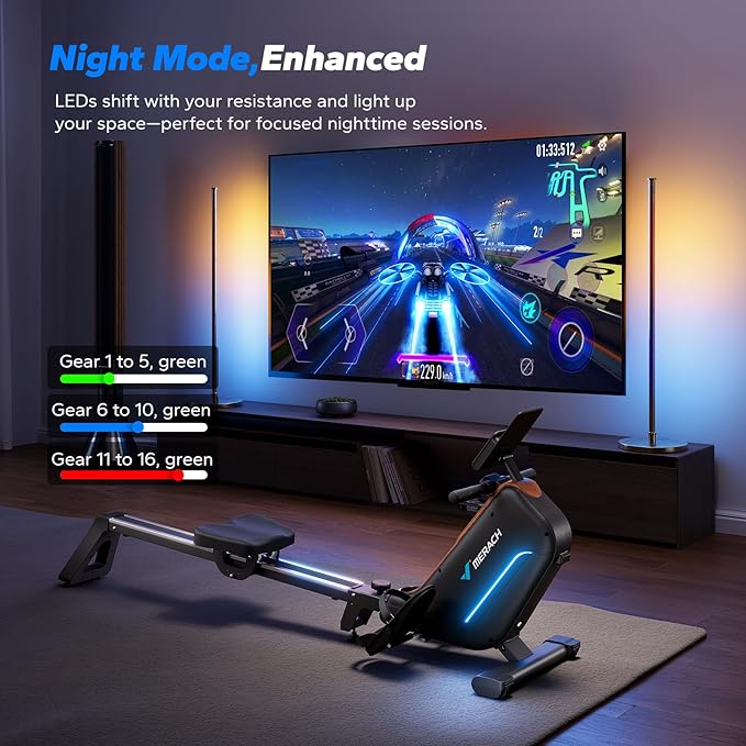 MERACH Rowing Machines for Home, Powerful Electromagnetic Row Machine with 51.2" Extended Rail, 16-Level Handle Resistance Adjustment Rower, 350 LBS Load Capacity, Ergonomic Comfort Seat, Easy Storage-GravixFit