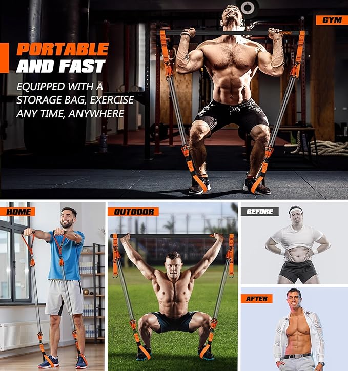 Pilates Bar Kit with Resistance Bands, Heavy Duty Pilates Equipment for Men, Strength Training Bar for Legs, Hip, Back, Arm, Abs, Chest, Shoulders, Portable Home Gym Full Body Workout Equipment-GravixFit