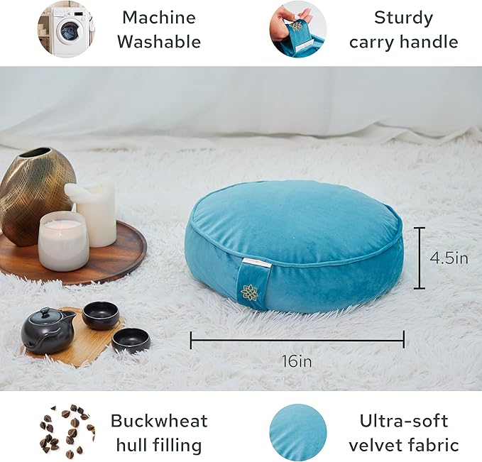 Mindful & Modern Velvet Meditation Cushion | Luxe Zafu Yoga Floor Pillow Seat | Posture Support | Buckwheat Hull Filled | Large Round Cushion with Removable Washable Cover + Carry Handle | Color Teal-GravixFit