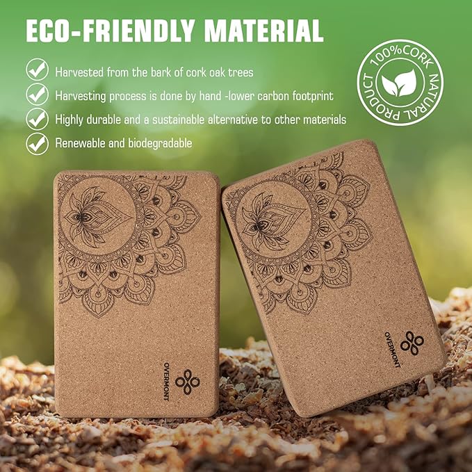 Overmont Cork Yoga Blocks 2 pack with 8ft Strap Natural Cork Bricks- High Density & Eco Friendly Yoga Accessories for Women - Ideal for Yoga Pilates General Fitness and Stretching 9x6x3''-GravixFit