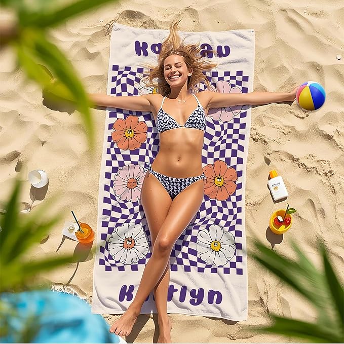 JML Personalized Beach Towel with Name, Custom Flower Beach Towel, Customized Microfiber Pool Towel, Quick Dry & Absorbent Swim Towel for Adult,Anniversary, Birthday, Summer Holiday,Vacation-GravixFit