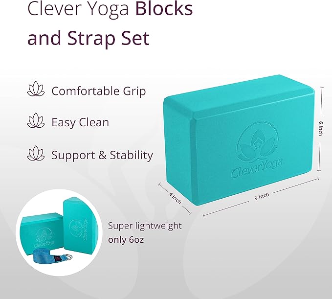 Clever Yoga Blocks 2 Pack with Strap - Extra Light Weight Sweat Repelling Foam Yoga Block Set with Cotton 8ft Yoga Stretch Strap - Yoga Block and Strap Set Kit for Beginner to Pro - Exercise-GravixFit