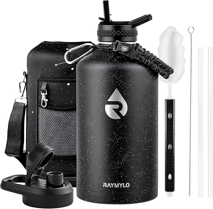 128oz Insulated Water Bottle, Triple Wall Vacuum Stainless Steel Water Bottles - Keeps Cold 48H, Reusable One Gallon Flask Jug for Gym, Sports, Camping, Hiking,Travel, Black Speckled-GravixFit