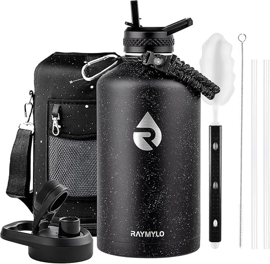128oz Insulated Water Bottle, Triple Wall Vacuum Stainless Steel Water Bottles - Keeps Cold 48H, Reusable One Gallon Flask Jug for Gym, Sports, Camping, Hiking,Travel, Black Speckled-GravixFit