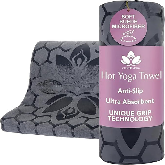 Clever Yoga Non-Slip Hot Yoga Towel – Non-Slip Grip for Hot Yoga, Sweat Absorbent, Honeycomb Silicone Grip, Stays Flat – Ideal for Pilates, Travel, Washable & Lightweight - Gray-GravixFit