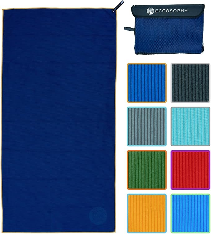 ECCOSOPHY Microfiber Beach Towel – Quick Dry Gym Towel, Highly Absorbent with Ribbed Texture, Lightweight – Ideal for Travel, Pool, Yoga, Fitness & Outdoor Adventures – 60x30 Navy-GravixFit