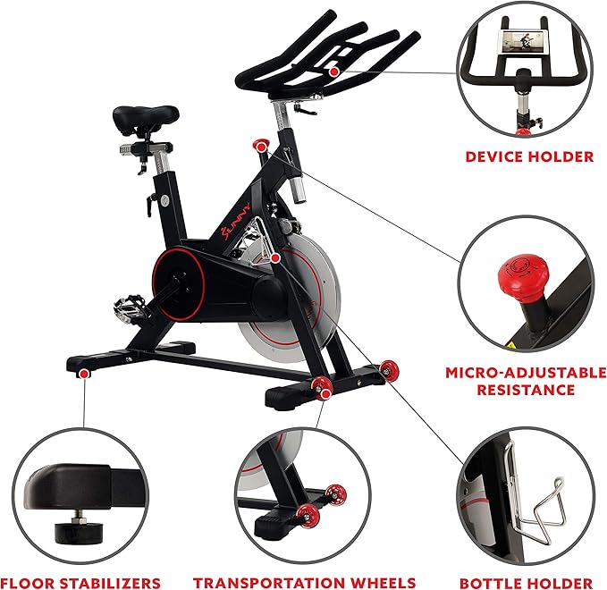 Sunny Health & Fitness Magnetic Exercise Bike, 44LB Flywheel & 300LB Weight Capacity for Intensive Home Workout, Indoor Cardio Training w/4-Way Adjustable Seat, Optional Free SunnyFit App Connection