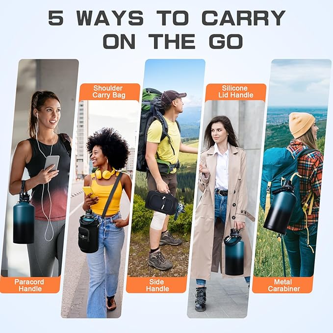 1 Gallon Water Bottle Insulated, Leak Proof 128 oz Stainless Steel Water Jug with Straw/Spout 2-in-1 Lid, Sleeve, Paracord Handle, Silicone Boot, One Gal Metal Canteen for Gym Sport Camping-GravixFit