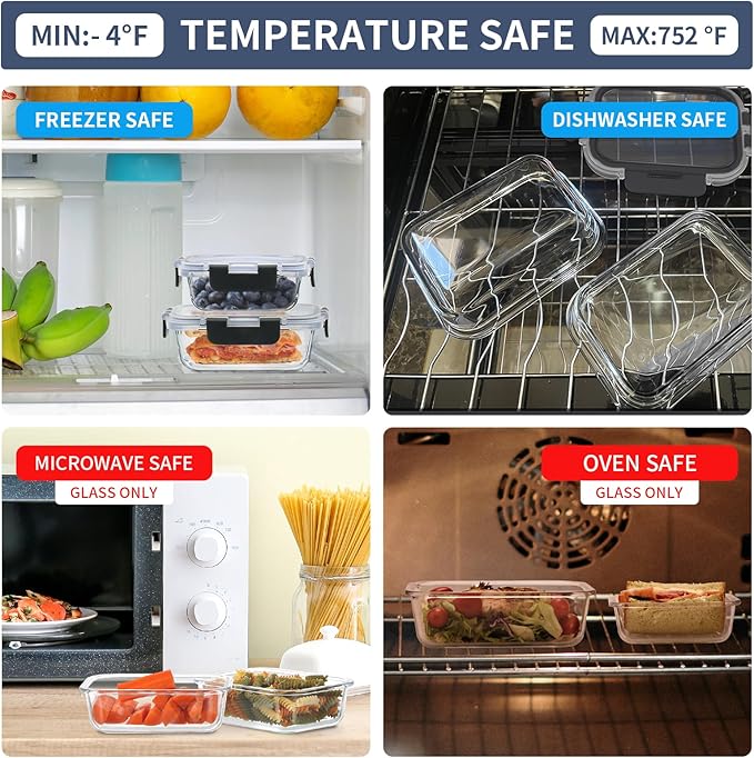 12 Pack Glass Food Storage Containers, Glass Storage Containers with Lids for Meal Prep, Lunch, Airtight, Freezer to Microwave Safe (12 Lids & 12 Containers)-GravixFit