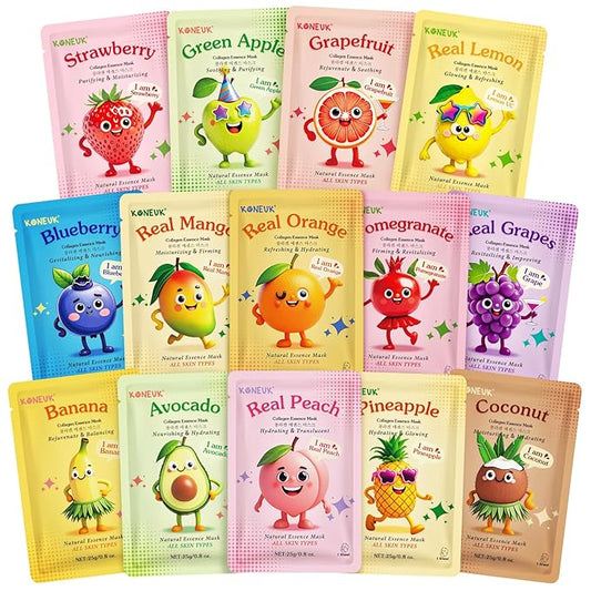 14 Pack Fruit Face Masks Skincare for Kids, Sheet Hydrating Facial Mask for All Skin Types, Bulk Collagen Face Mask for Women Skin Care, Birthday Party Spa Gifts for Teens Girls-GravixFit