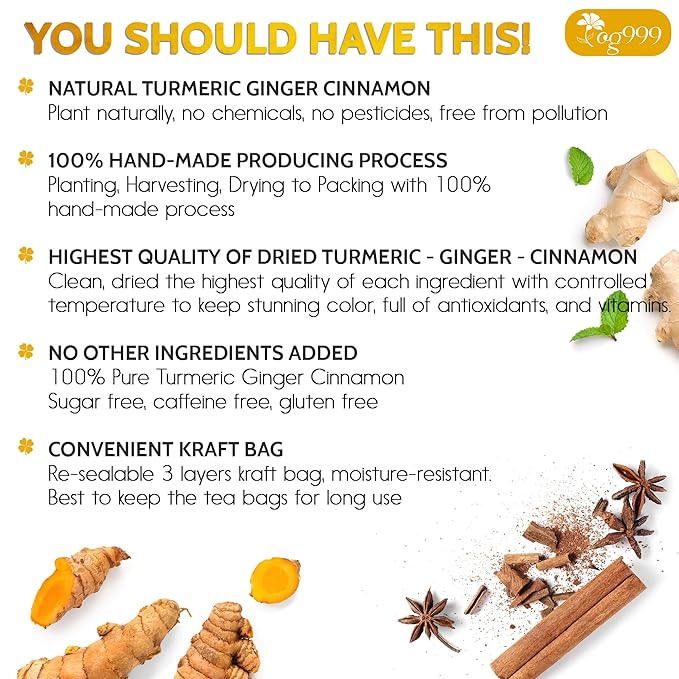 120 Bags Premium Turmeric Ginger Cinnamon Tea, Improve Digestion, Support Brain, Weight, Skin and Sleep, Eco-Conscious Tea Bags and Premium Natural Ingredients. Turmeric Ginger Herbal Tea. No Sugar, No Caffeine, No Gluten, Vegan.-GravixFit