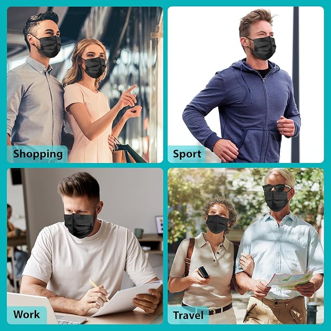 100 PCS Disposable Face Masks, Black Disposable Masks, 3 Ply Protection Face Masks-GravixFit