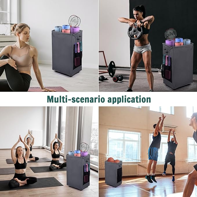 Yoga Mat Storage Racks, Home Gym Storage Rack with Wheels, Yoga Mat Holder Side 2 Mesh Pockets, Yoga Storage Basket Holds 4 Yoga Mats, 2 Foam Rollers, 6 Resistance Bands-GravixFit