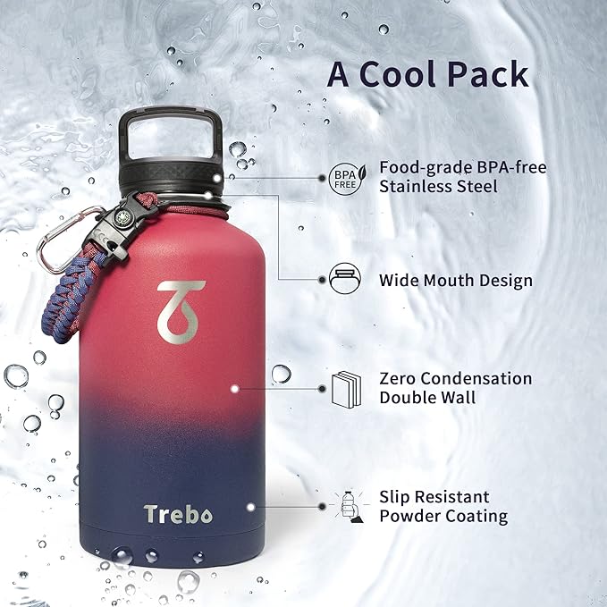 Trebo Insulated Water Bottle 64 oz, Half Gallon Metal Vacuum Water Jug with Paracord Handle and 3 Lids, Leakproof BPA-Free Flask for Gym Sports Hiking Travel, Keep Cold 48 Hours, Ruby Red-GravixFit