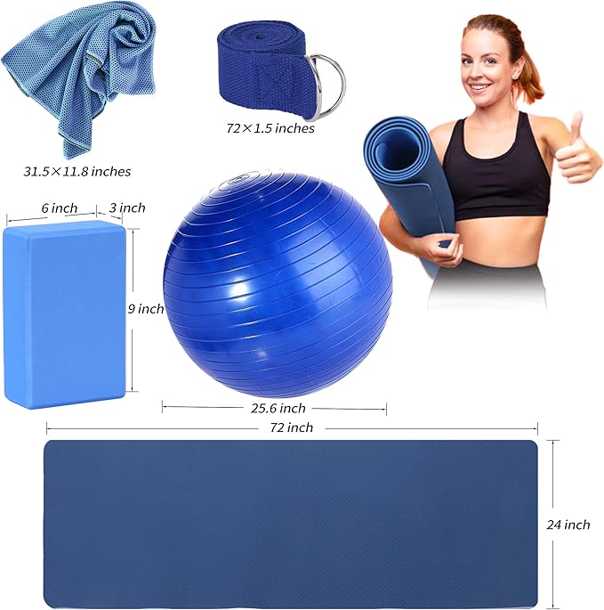 Yoga Starter Kit - 11-Piece Set with Yoga Blocks, Strap, Ball, Mat, Carrying Strap, Net Bag, Cooling Towel-GravixFit