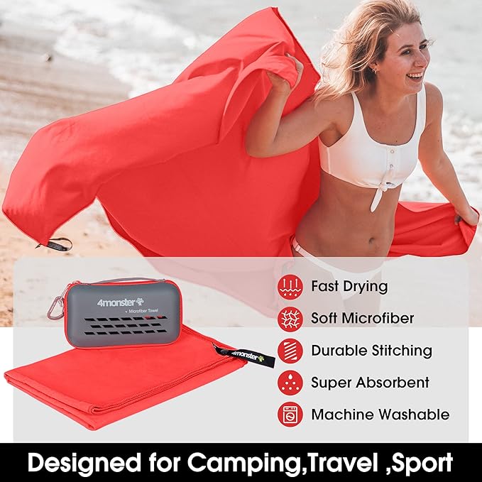 4Monster Camping Towels Super Absorbent, Fast Drying Microfiber Travel Towel, Quick Dry Ultra Soft Compact Gym Towel for Swimming Beach Hiking Yoga Travel Sports Backpack (40.00" x 20.00", Red)-GravixFit