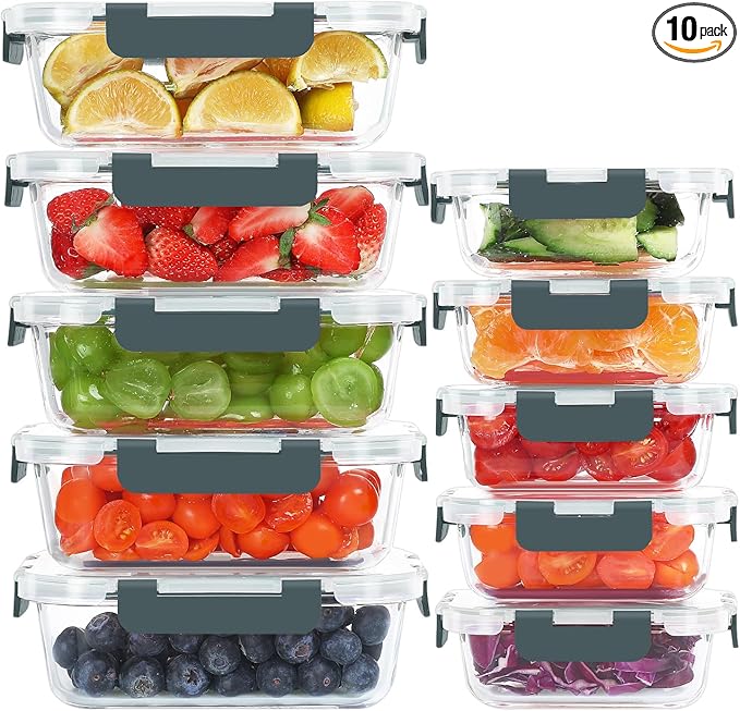 10 Pack Glass Food Storage Containers, Meal Prep Containers with Lids, Airtight Glass Lunch Boxes, Freezer, Oven, and Microwave Safe-GravixFit