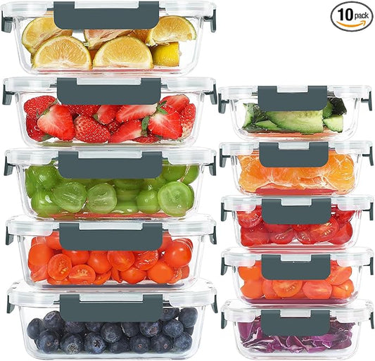 10 Pack Glass Food Storage Containers, Meal Prep Containers with Lids, Airtight Glass Lunch Boxes, Freezer, Oven, and Microwave Safe-GravixFit