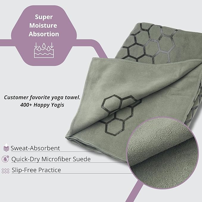 Clever Yoga Non-Slip Hot Yoga Towel – Non-Slip Grip for Hot Yoga, Sweat Absorbent, Honeycomb Silicone Grip, Stays Flat – Ideal for Pilates, Travel, Washable & Lightweight - Olive-GravixFit