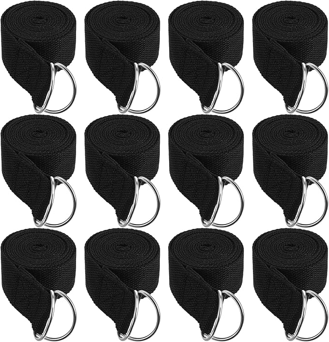 12 Pack Yoga Straps for Stretching, 6 Ft Black Exercise Bands with Adjustable D Ring Buckles for Pilates, Gym Fitness, Flexibility Training, Men Women-GravixFit