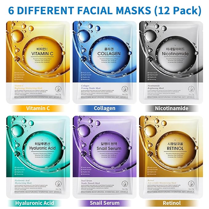 12 Pack Sheet Face Masks Skincare (Collagen, Hyaluronic acid, Snail, Retinol, Vitamin C, Niacinamide) Collagen Face Mask Hydrating Face Masks for Women Skin Care, Moisturizing, Brightening, Anti-Aging-GravixFit