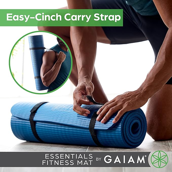 Gaiam Essentials Thick Yoga Mat Fitness & Exercise Mat with Easy-Cinch Yoga Mat Carrier Strap, 72"L x 24"W x 2/5 Inch Thick-GravixFit