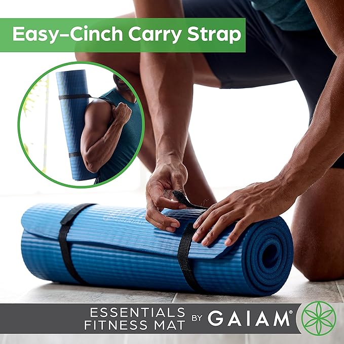 Gaiam Essentials Thick Yoga Mat Fitness & Exercise Mat with Easy-Cinch Yoga Mat Carrier Strap, 72"L x 24"W x 2/5 Inch Thick-GravixFit