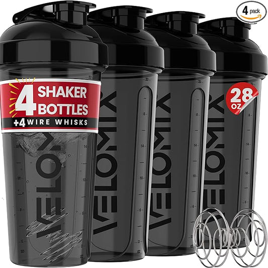 '-4 PACK- 28 oz Protein Shaker Bottle for Protein Mixes - 4x Wire Whisk | Leak Proof Shaker Cups for Protein Shakes | Protein Shaker Bottle Pack | Protein Shake Cup(All in Black)-GravixFit