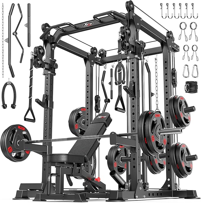 Power Cage Multi-Function Power Rack with Cable Crossover System,1800 LBS Capacity Squat Rack with Weight Bench,for Home Gym