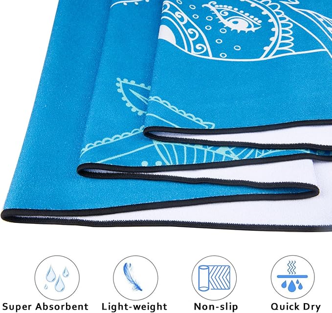 QiyI Yoga Mat Towel with Corner Pockets, Non Slip Sweat Absorbent Hot Yoga Towels, Soft Yoga Blankets with Travel Bag, Skidless Mat Cover for Workout, Gym, Fitness - 70"x26", Blue Mandala Elephant-GravixFit