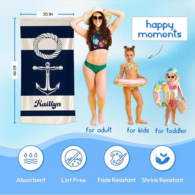 JML Personalized Beach Towel with Name, Custom Anchor Beach Towel, Customized Microfiber Pool Towel, Quick Dry & Absorbent Swim Towel for Adult,Mother's Day, Birthday, Summer Holiday,Vacation-GravixFit
