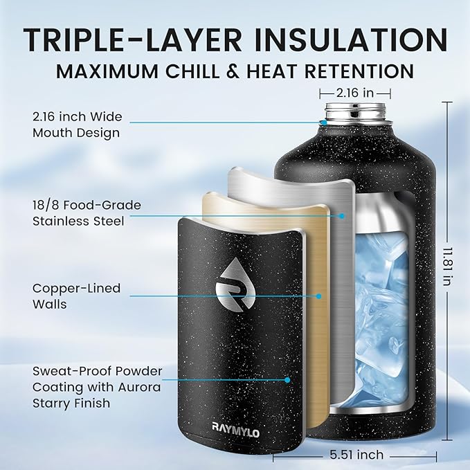 128oz Insulated Water Bottle, Triple Wall Vacuum Stainless Steel Water Bottles - Keeps Cold 48H, Reusable One Gallon Flask Jug for Gym, Sports, Camping, Hiking,Travel, Black Speckled-GravixFit
