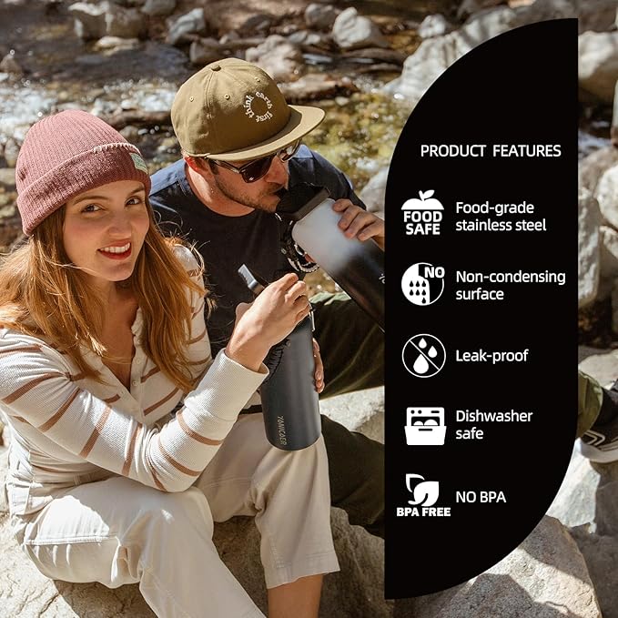 Insulated Water Bottle 64oz,Triple Wall Vacuum Stainless Steel(Dishwasher Safe),Leak Proof & Non-BPA,Flask Jug with Paracord Handle & Straw Spout Lids Sports-GravixFit