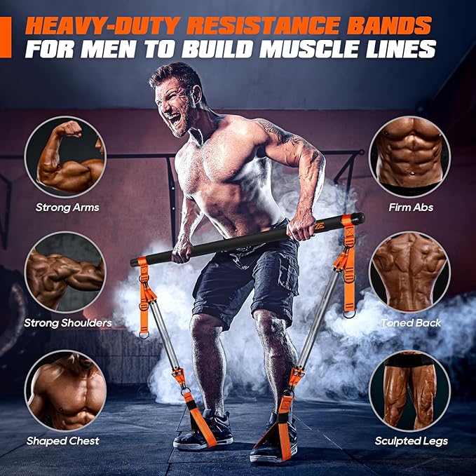 Pilates Bar Kit with Resistance Bands, Heavy Duty Pilates Equipment for Men, Strength Training Bar for Legs, Hip, Back, Arm, Abs, Chest, Shoulders, Portable Home Gym Full Body Workout Equipment-GravixFit