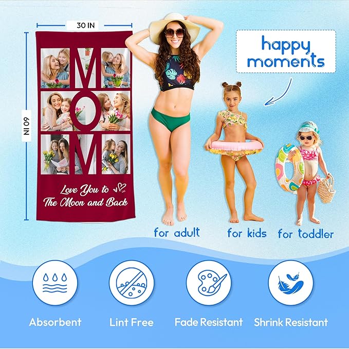 JML Mothers Day Birthday Gifts for Mom from Daughter Son, Personalized Beach Towel with Photo, Custom Beach Towel Gift for Mommy, Grandma, Women, Wife Anniversary Family Day, Summer, Holiday-GravixFit