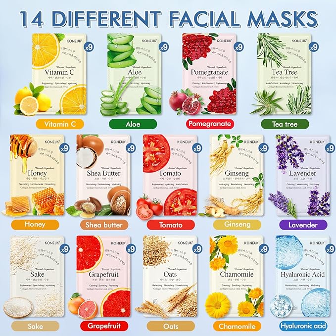 126 Pack Sheet Face Masks Skincare, Bulk Facial Mask Gifts Set for Women Skin Care, Hydrating Face Masks Suitable for All Skin Types, Face Mask Spa for Sensitive Skin-GravixFit