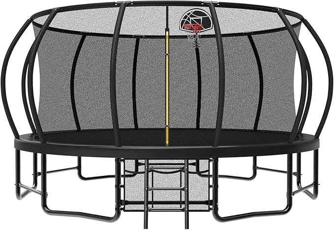 10 12 14 15 16FT Outdoor Trampolines for Kids and Adults, Pumpkin Trampoline with Curved Poles, Recreational Trampoline with Basketball Hoop and Safety Enclosure Net for Kids and Adults-GravixFit