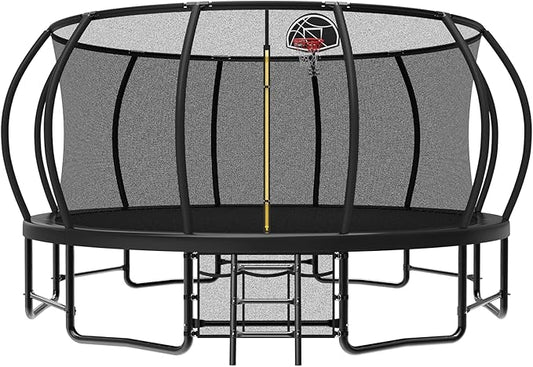 10 12 14 15 16FT Outdoor Trampolines for Kids and Adults, Pumpkin Trampoline with Curved Poles, Recreational Trampoline with Basketball Hoop and Safety Enclosure Net for Kids and Adults-GravixFit