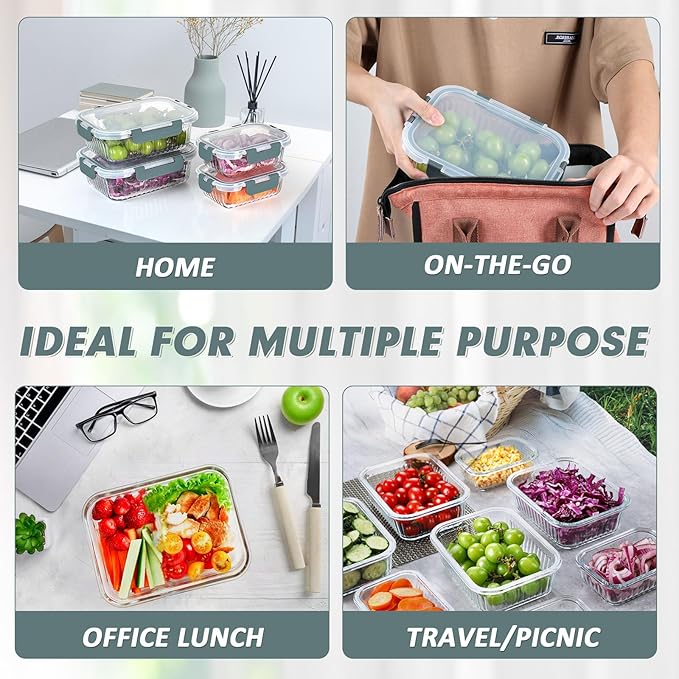 10 Packs Glass Meal Prep Containers with Lids, Glass Food Storage Containers Set, Airtight Lunch Containers, Microwave, Oven, Freezer and Dishwasher Safe, Gray-GravixFit