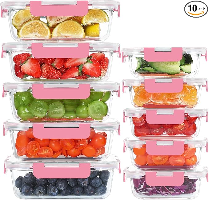 10 Pack Glass Food Storage Containers, Meal Prep Containers with Lids, Airtight Glass Lunch Boxes, Freezer, Oven, and Microwave Safe, Pink-GravixFit