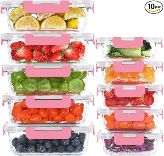 10 Pack Glass Food Storage Containers, Meal Prep Containers with Lids, Airtight Glass Lunch Boxes, Freezer, Oven, and Microwave Safe, Pink-GravixFit