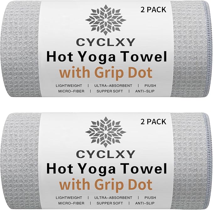 2 Pack Hot Yoga Towel with Grip Dot，Stickyfiber Yoga Mat Towels Non Slip for Hot Yoga,Absorbent Microfiber Sweat Anti-Slip Cover,Bikram,Pilates,Exercise,Fitness-GravixFit