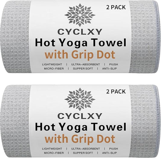 2 Pack Hot Yoga Towel with Grip Dot，Stickyfiber Yoga Mat Towels Non Slip for Hot Yoga,Absorbent Microfiber Sweat Anti-Slip Cover,Bikram,Pilates,Exercise,Fitness-GravixFit
