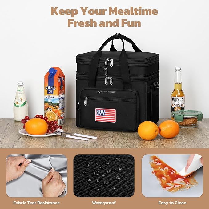 Maelstrom Tactical Lunch Box for Men, 23L Insulated Lunch Bag, Expandable Double Deck Cooler Bag, Lightweight Leakproof Tote Bag With Side Tissue Pocket, Suit For Men and Women, Black-GravixFit
