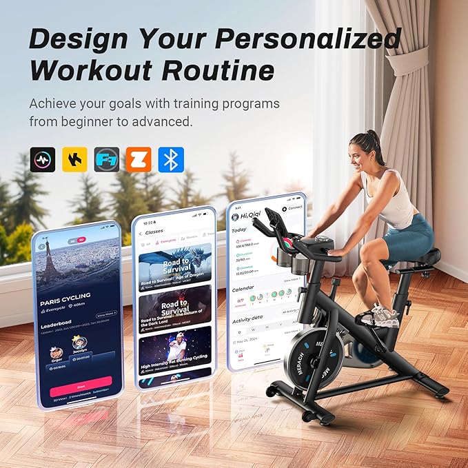 MERACH Exercise Bike, Brake Pad Stationary Bike with Exclusive App, Low Noise Indoor Cycling Bike with 300lbs Weight Capacity, Tablet Mount and Fitness Courses for Weight Loss-GravixFit