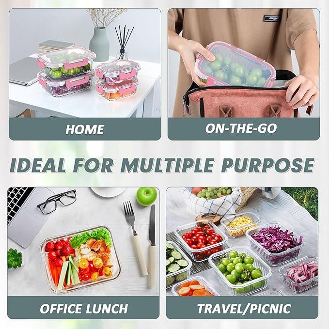 10 Packs Glass Meal Prep Containers with Lids, Glass Food Storage Containers Set, Airtight Lunch Containers, Microwave, Oven, Freezer and Dishwasher Safe, Pink-GravixFit
