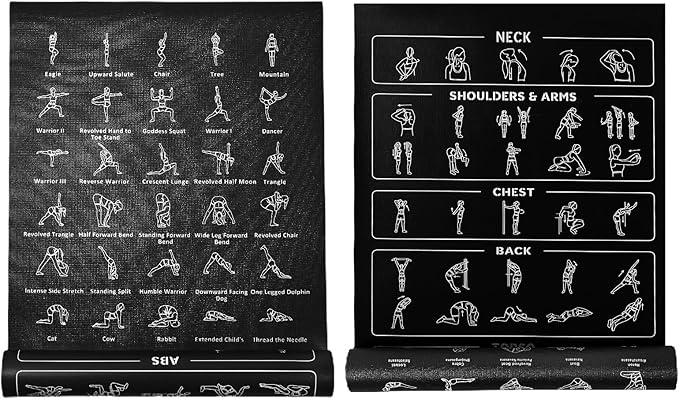 Instructional Travel Yoga Mat with 75 Poses & Exercises - Non-slip Exercise Mat for Home Workout, Includes Carrying Bag - Perfect for Beginners, 68"x24"x0.25"-GravixFit