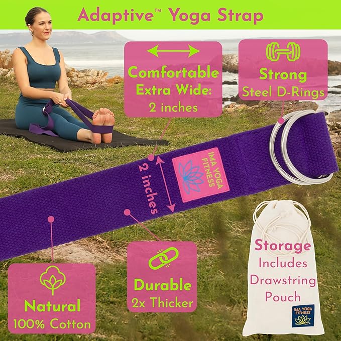 Adaptive Yoga Strap, Stretching Strap, 2 Inches Wide, 100% Naturally Soft Cotton, Steel D-Rings, Includes Natural Cotton Drawstring Storage Pouch and Instructional E-Book-GravixFit